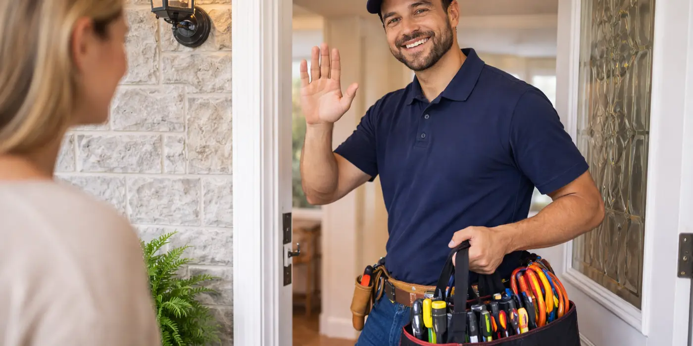 a smiling electrician waiveing goodbye to a customer from Electrician Leander TX in Austin, TX - Austin TX