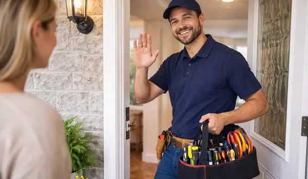 a smiling electrician waiveing goodbye to a customer from Electrician Leander TX in Austin, TX - Austin TX