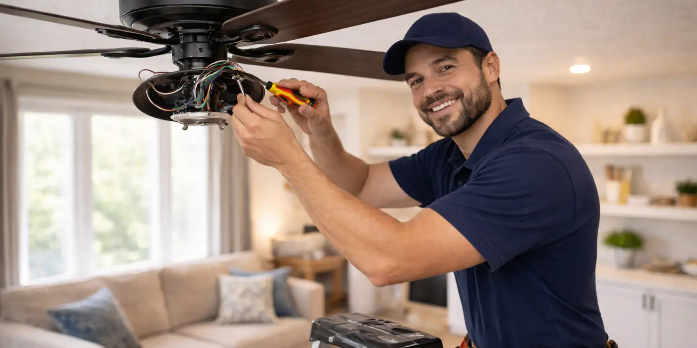 a smiling electrician installing a ceiling fan from Electrician Leander TX in Cedar Park, TX - Cedar Park TX