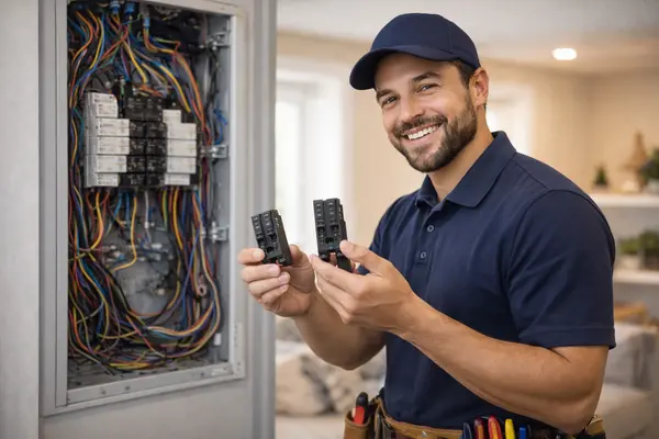 a smiling electrician showing 2 electrical brakers from Electrician Leander TX in Cedar Park, TX - Cedar Park TX