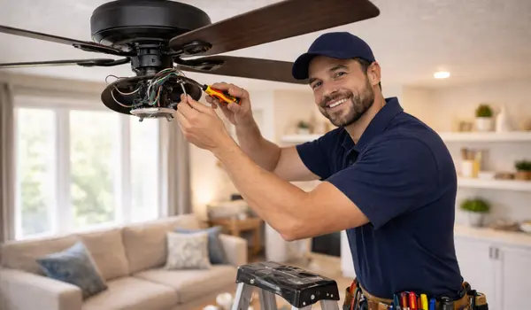 a smiling electrician installing a ceiling fan from Electrician Leander TX in Leander, TX - Ceiling Fan Installation