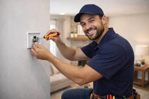 a smiling electrician installing a thermostat from Electrician Leander TX in Leander, TX - Ceiling Fan Installation a smiling electrician installing a thermostat from Electrician Leander TX in Leander, TX - Ceiling Fan Installation