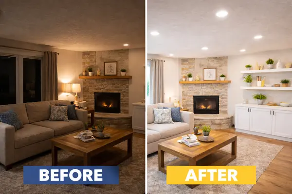 before and after living room lighting upgrade from Electrician Leander TX in Leander, TX - Electrical lighting upgrades before and after living room lighting upgrade from Electrician Leander TX in Leander, TX - Electrical lighting upgrades
