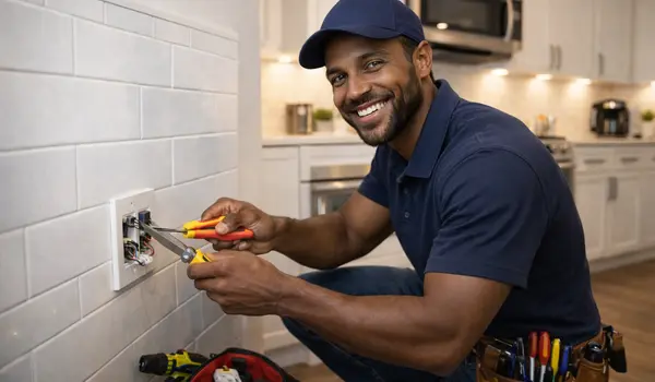 a smiling electrician fixing an electrical outlet from Electrician Leander TX in Leander, TX - Electrical Outlet Replacement