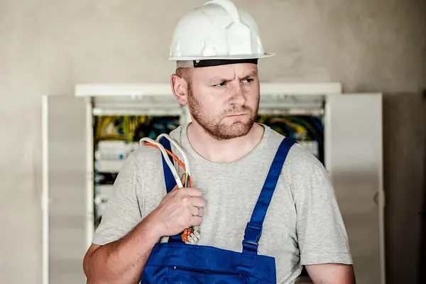an electrician with a electrical panel behind him from Electrician Leander TX in Leander, TX - Electrical Switch Replacement an electrician with a electrical panel behind him from Electrician Leander TX in Leander, TX - Electrical Switch Replacement