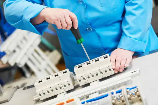 a tecnician screwing an electrical braker from Electrician Leander TX in Leander, TX - Electrical wiring redesign