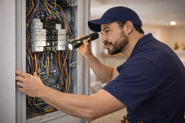 an electrician using a flashlight to check a electrical panel from Electrician Leander TX in Leander, TX - Electrical wiring redesign