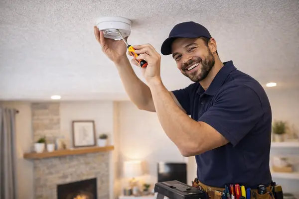 a smiling electrician installing a smoke alarm from Electrician Leander TX in Leander, TX - Electrician near me