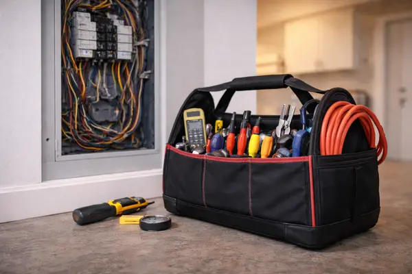 an electrician tool bag next to a braker panel from Electrician Leander TX in Leander, TX - Electrician near me