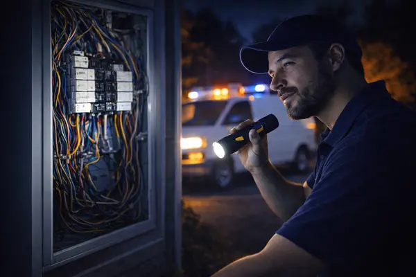 a male electrician techinician checking an outside circuit box with a flashlight from Electrician Leander TX in Leander, TX - Electrician near me