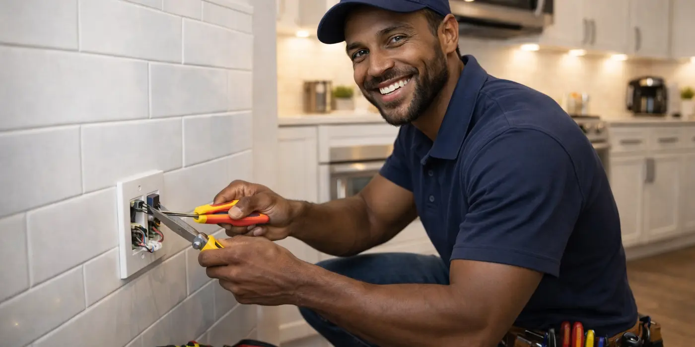 a smiling electrician fixing an electrical outlet from Electrician Leander TX in Round Rock, TX - Round Rock TX